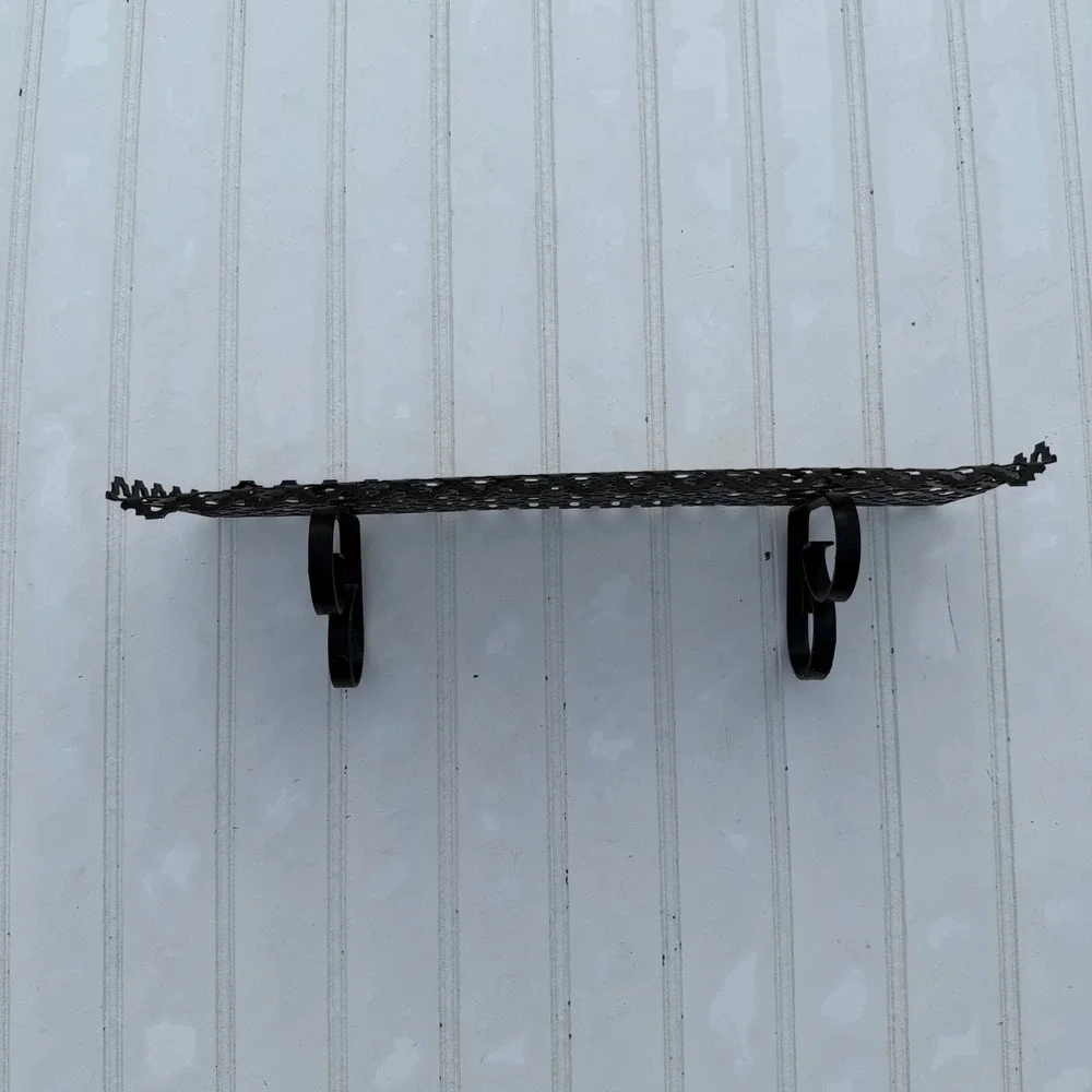 Vintage Black Wrought Iron Wall Shelf Scrollwork Brackets Perforated Metal Decor